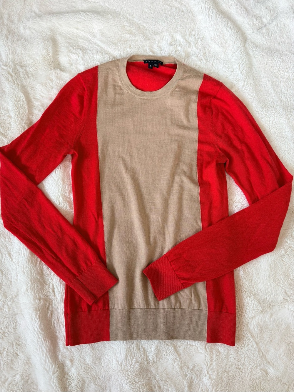 Theory 100% Wool Red/Camel Crewneck Sweater, size M - Retail $395